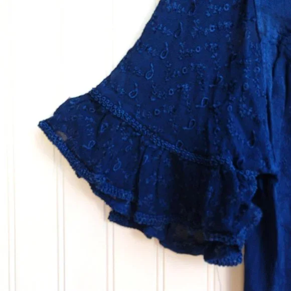 Holy Clothing Rachelle Tunic Top Size XL 1X Blue Ruffle Embroidered Tassels - Picture 2 of 11